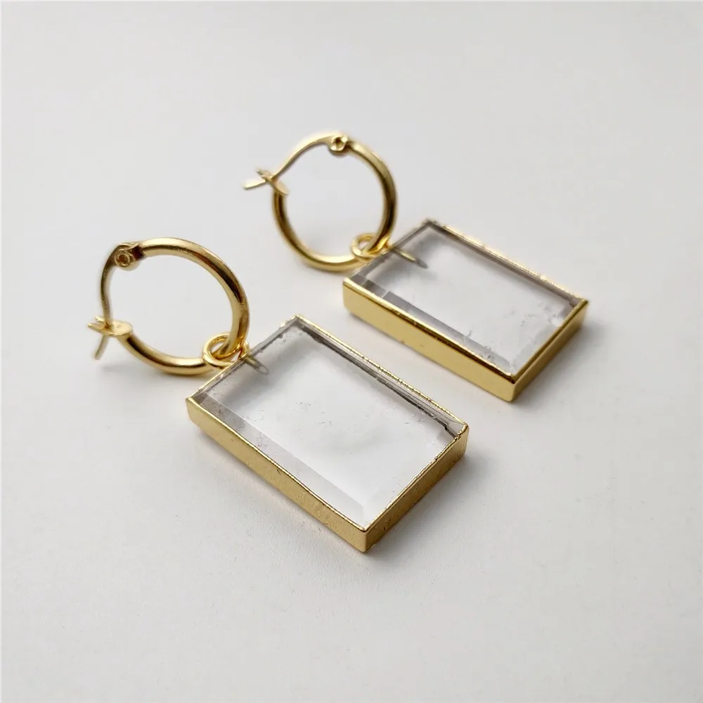 FUWO Rectangle Clear Quartz Hoop Earrings,Elegant and Sophisticated Jewelry for Every Occasion ER431 5Pairs/Lot