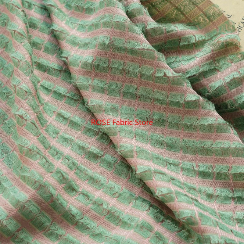 Pink Green Plaid Fringed Fabric tassel Embroidery Fabric for Blouse, Skirt, Spring Dress, Cheongsam, Curtain, Party Dress,