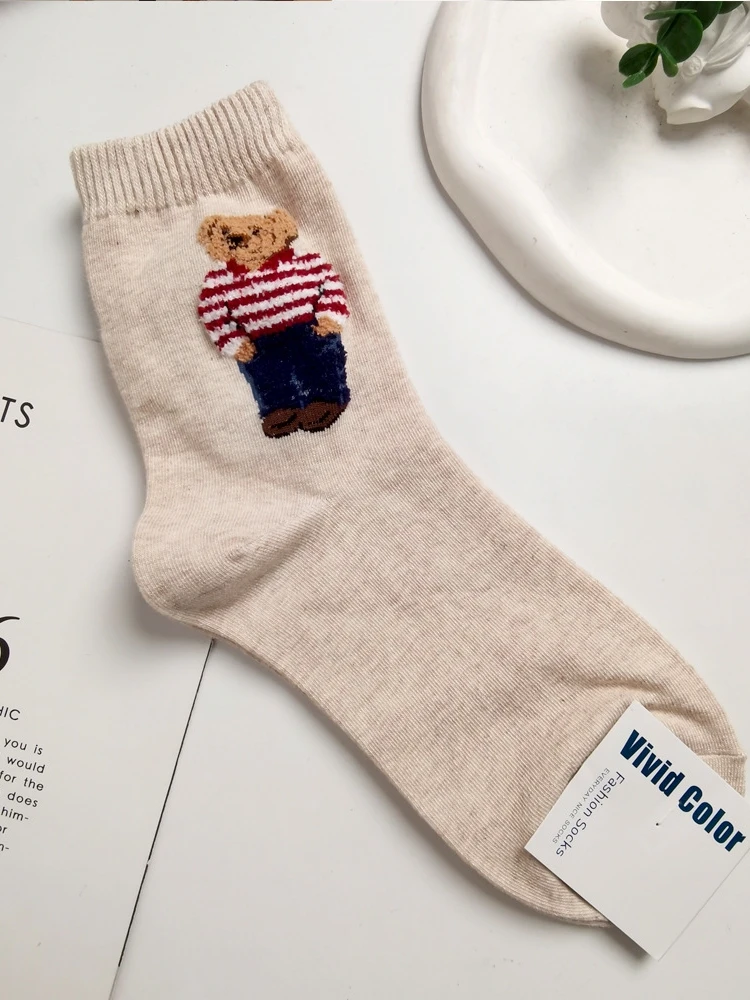 Chaussettes en coton mi-mollet ours de dessin animé pour femmes, pull décontracté, chaussettes ours mignonnes pour adultes, confortables et respirantes, vêtements de maison