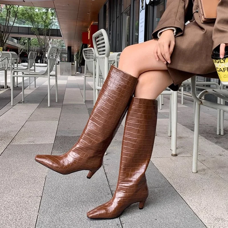 Women High Boots Slip On European Style Embossed Shoes Woman Big Circumference Spring Autumn Fashion Boots Large Size 43