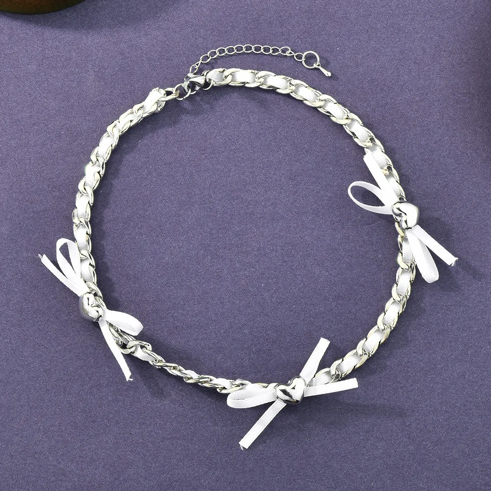 

New long neck chain for women in 2025, heart-shaped bow metal chain necklace, leather butterfly