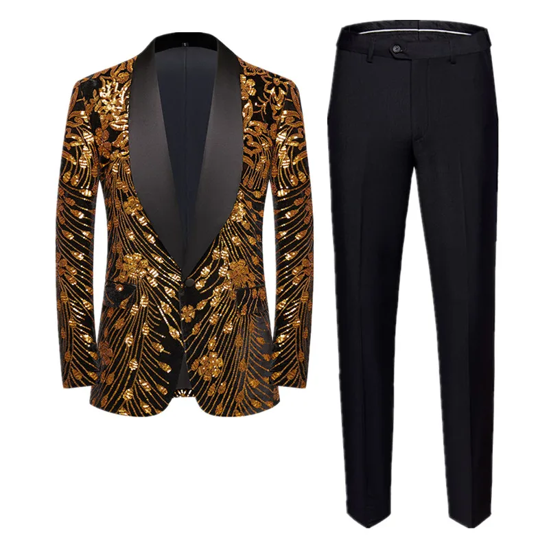 (Jacket + Pant) Fashion Men Sequin Suit Gold / Green Men\'s Luxurious Wedding Dance Party Stage Perform Dress Male Blazer Trouser