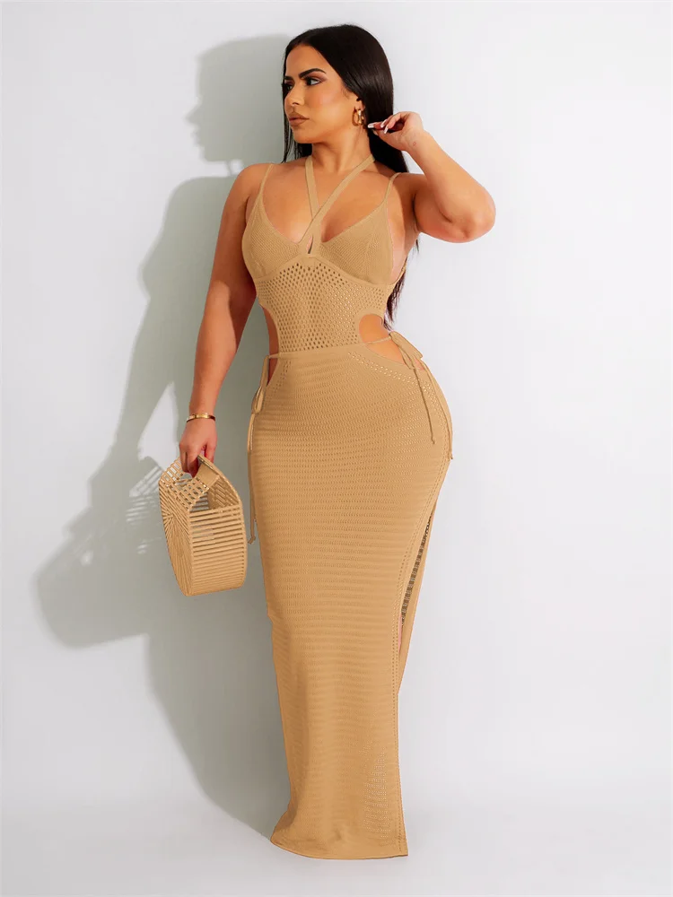 JRRY Sexy Women Long Slit Knitted Dresses Halter Spaghetti Strap Crochet  Dress Hollow Out Crocheted Beach Dress Cover Up - AliExpress 200000345