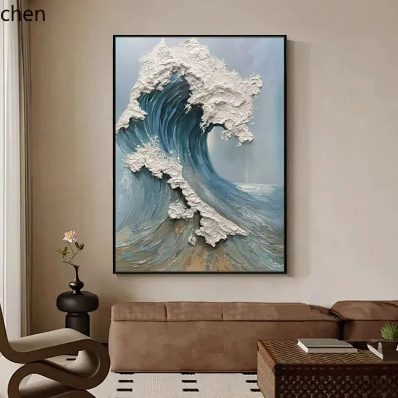 ocean wave oil painting quartz thick texture living room bedroom wall art