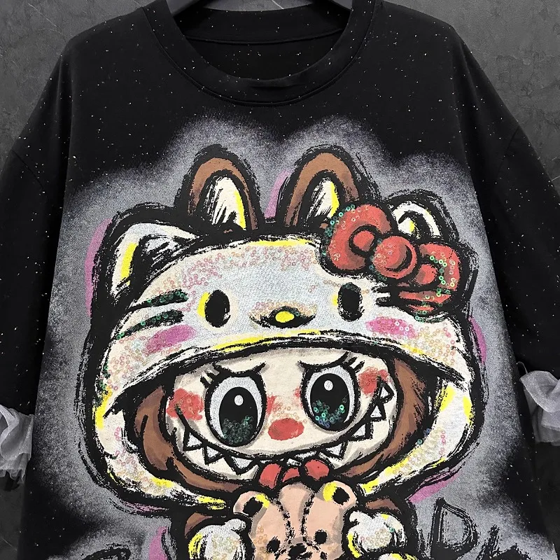 2025 Zomer Nieuwe Cartoon Medium En Lange Mesh Splicing Korte mouwen T-shirt Jurk vrouwen Losse Casual Veelzijdige Top truien