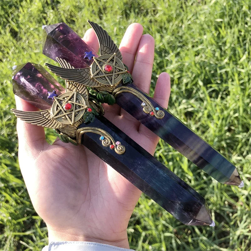 Natural Crystal Fluorite Quartz Healing Gemstone Handmade Magic Stick Point Witch Crafts Staff Cosplay Fairy Energy Props