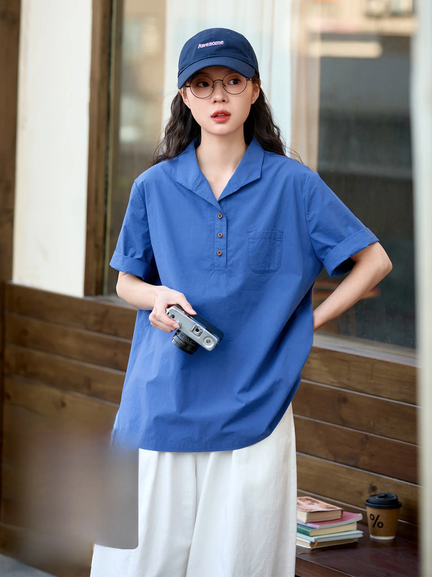 

Loose Fit Pure Cotton Casual Shirt Women's Summer Blue Short Sleeve Cuban Collar Breathable Comfortable Japanese Style Top