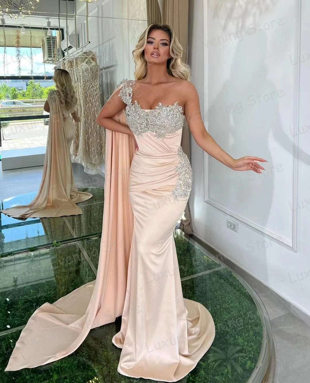 

Modern 2024 Evening Dresses Mermaid Sexy Applique Women's Prom Gowns Sleeveless One Shoulder Shawl Satin Fashion Vestido De Gala