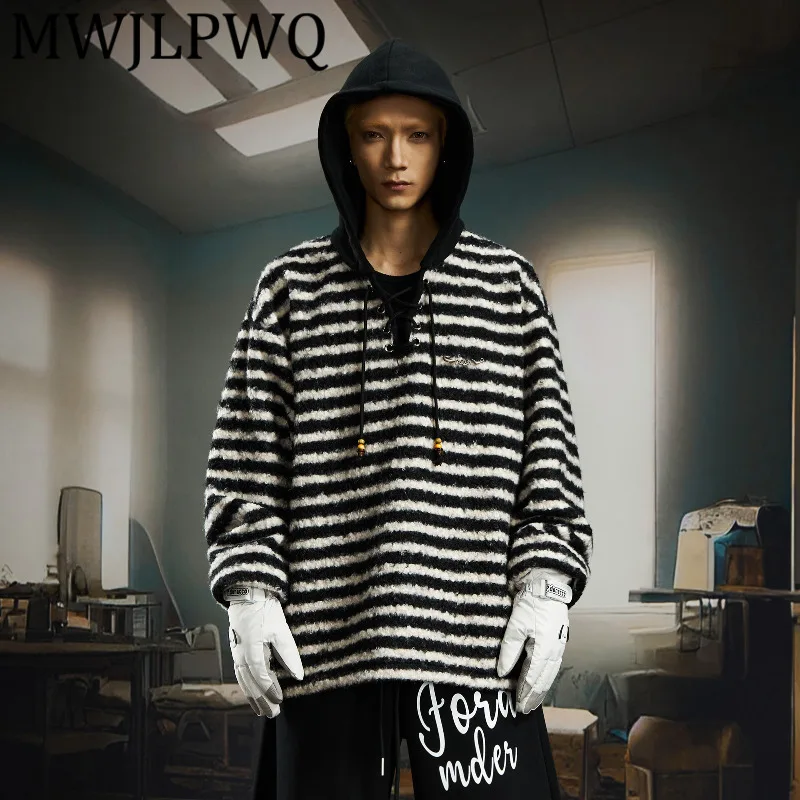 

MWJLPWQ унисекс текстура ручной работы флисовый полосатый свитер мужская толстовка на шнурке осень-зима повседневные топы с капюшоном 12604