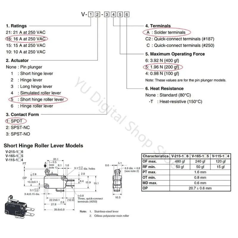 96BA V-165-1A5 Replacement Microswitch for Door Repair Use