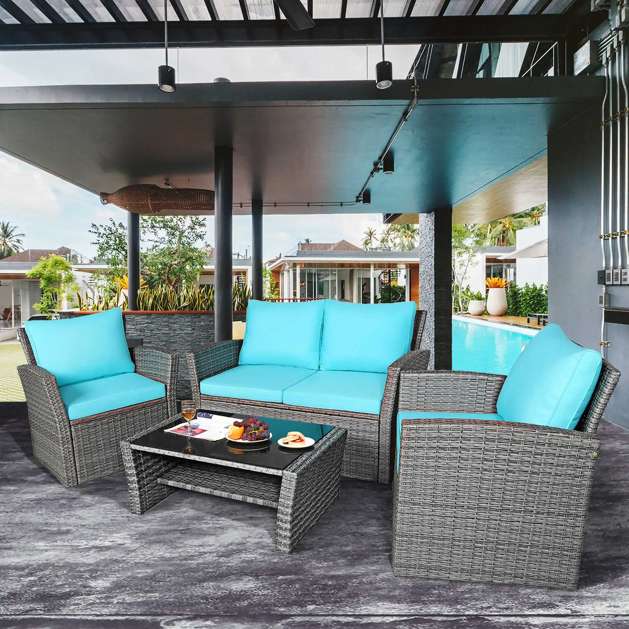 4PCS Patio Rattan Furniture Set Sofa Table W/Storage Shelf Turquoise