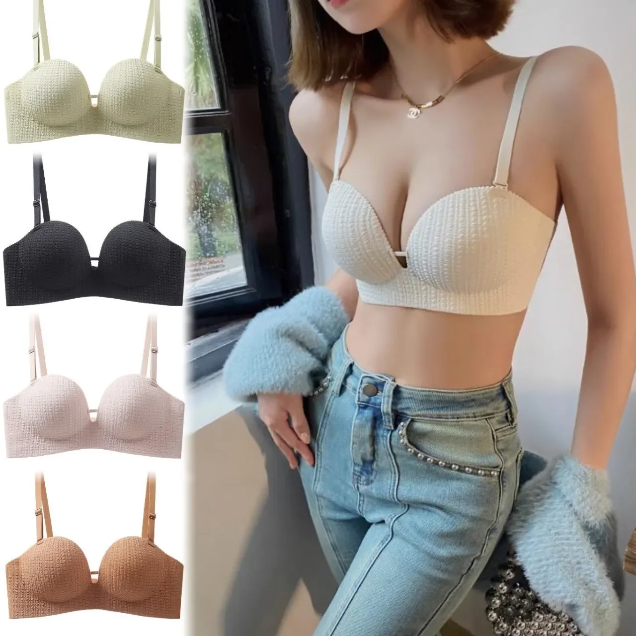 Women Wireless One‑Piece Push‑Up Bra Thick Padded for Small Bust Lift Side Collection Underarm Fat Support Brassiere