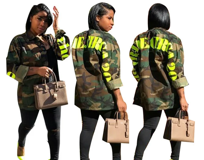 

Women's Green Camouflage Long Jackets Long Sleeve Camo Streetwear Coat femme