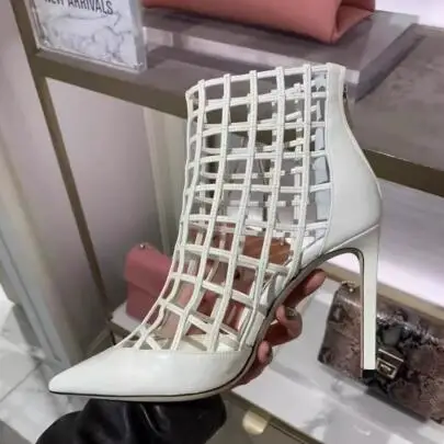 

Roman White Black Leather Cage Hollow Pointed Toe Zipper Back 7 9 CM High Heel Ankle Sandals Boots Breathable Short Boots Shoes