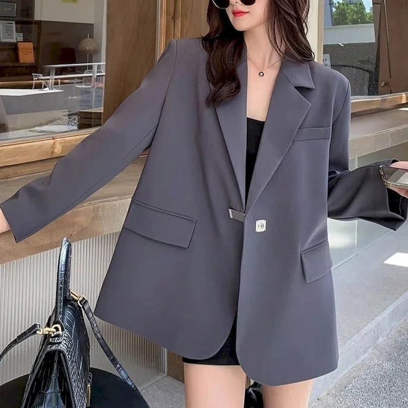 Solid Blazers for Women Elegant Oversized Long Sleeve Casual Basic Jackets Vintage Tailored Collar Coats Korean Style Women Tops