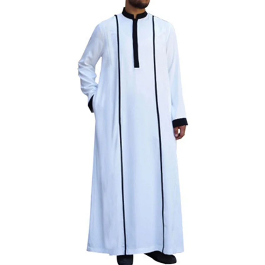 Witte Arabische Moslim Gewaad Heren Jubba Thobe Lange Mouw Pakistan Islamic Abaya Kaftan Voor Mannen Opstaande Kraag Losse Kleding 5xl