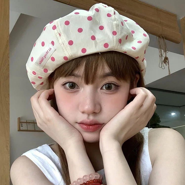 

Girl's Beret Summer Hats Kawaii Caps Sweet Style White Hat Japanese Polka Dot Beret Female Summer Thin Newspaper Boy Painter Hat