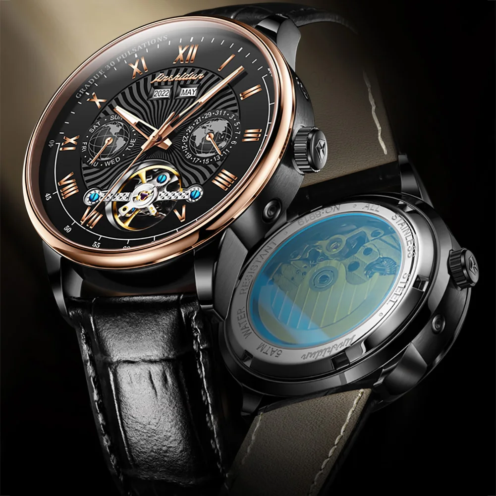 ساعة JSDUN 8919 للرجال بحزام جلدي ساعة ميكانيكية أصلية متعددة الوظائف للأعمال ﻿   ساعات مقاومة للماء لهدايا الرجل