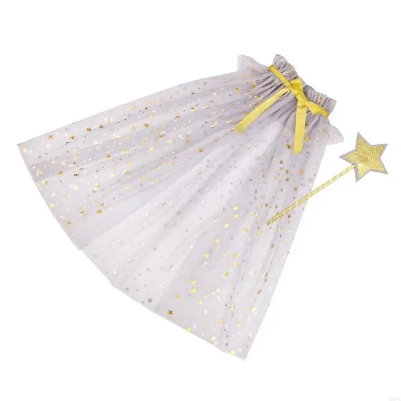 

M89C Pack of 2pcs Tulle Cloak with Star Wand Performances Props for Children's Costume Parties and Dance Recitals