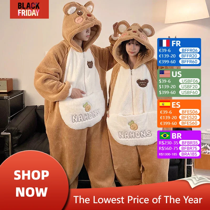 Cartoon Bear Couples Pajama Jumpsuits Women Men Adult Winter Thicken Hooded Pyjamas Sleepwear Korean Loose Onesie Soft Warm Home