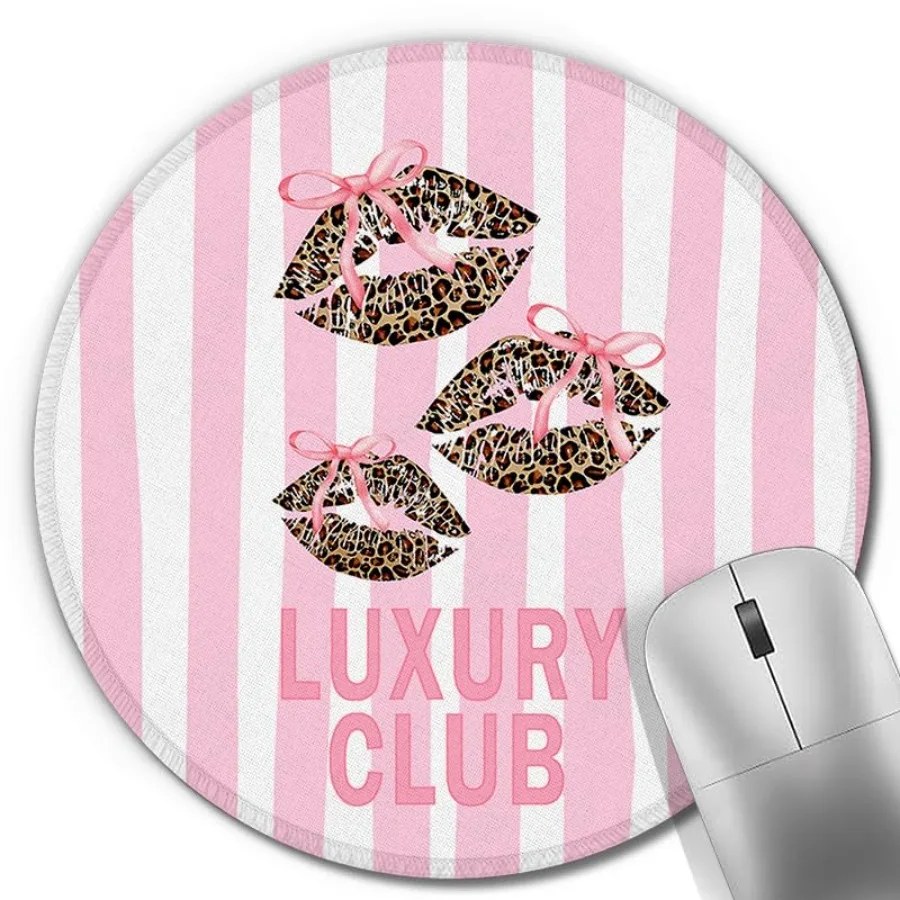 Pink Leopard Print Lip Round Mouse Pad, Coquette Girly Pink Striped Cheetah Print Mousepad Mat for Home Office Computer Laptop