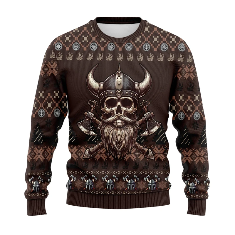 Fashion Skull Santa Claus Sweatshirt Trend Axe Shield Pattern 3D Printed Ugly Christmas Sweater Casual Crew Neck Pullovers Tops