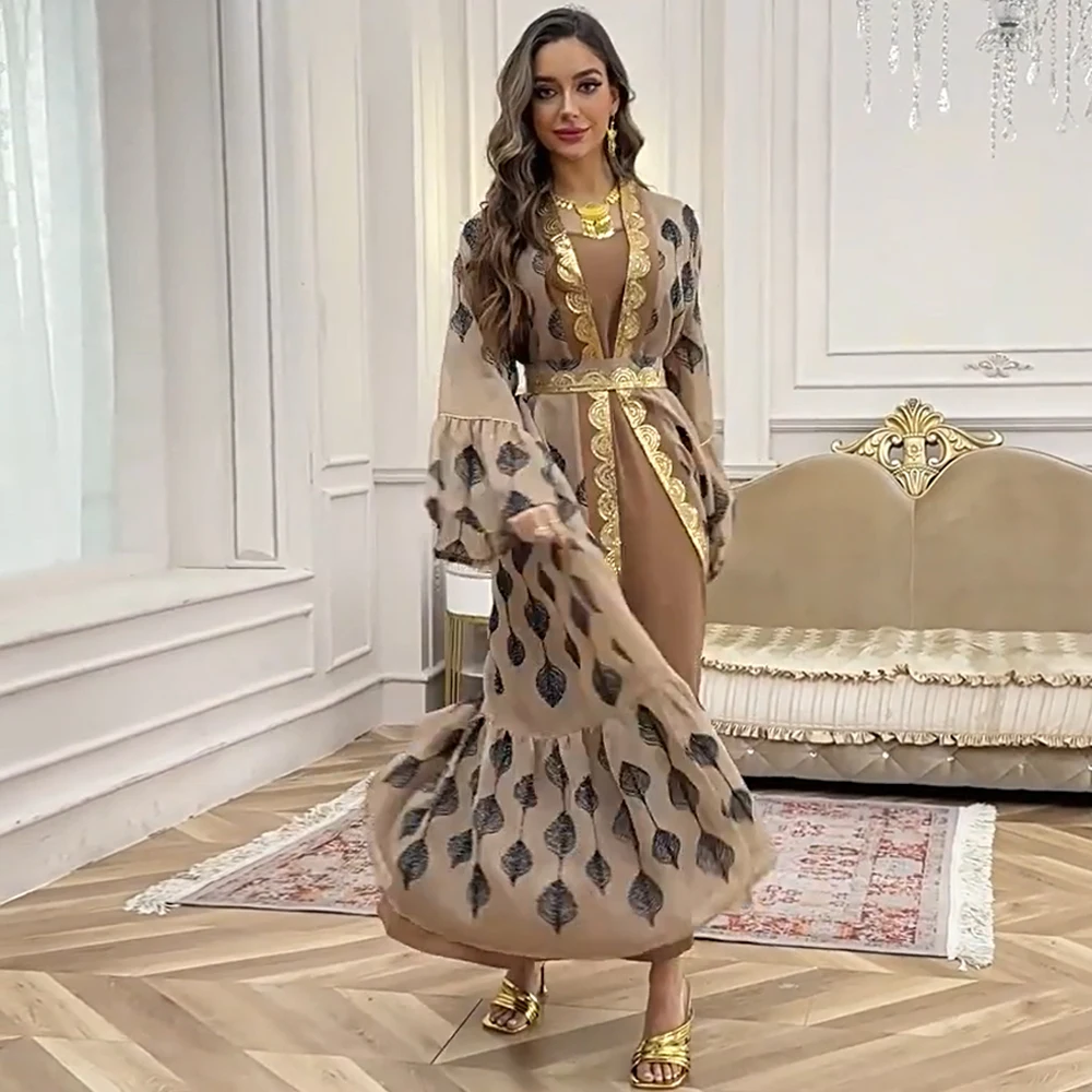 2PCS Muslim Flare Sleeve Abaya Sequin Embroidery Kimono Jalabiya Robe Kaftan Women Islam Evening Party Dress Eid Ramadan Caftan