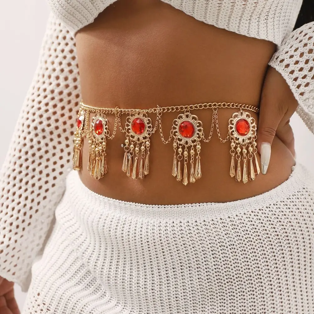 Red Acrylic Gemstone Bohemian Waist Chains Belly Chain Jewelry Dress Belt Chains Gold Waistband Tassel Body Chain Indian Dance