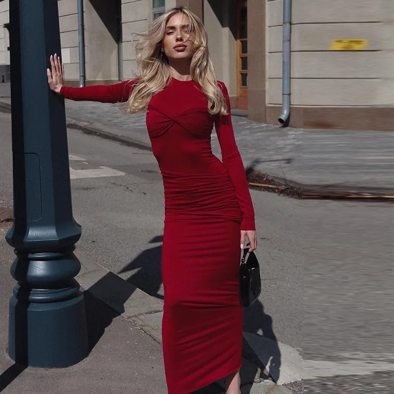 

Trendy Women's Dresses Solid Color Sexy Slim O-neck Long Sleeve Dress New Pleated Bag Buttock Skirt For Women Party Robe Femme