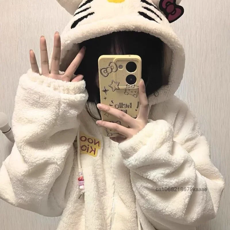 Sanrio Hello Kitty Cute Lamb Fleece Clothes Women Autumn Winter Loose Lazy Style Cotton Coat Korean Version Fashion Warm Topcoat