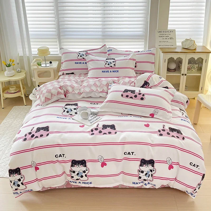 Cute Cartoon Cat Duvet Cover Set Twin Queen Pink Stripe Bedding Set Reversible Checkered Plaid Comforter Cover with 2 Pillowcase