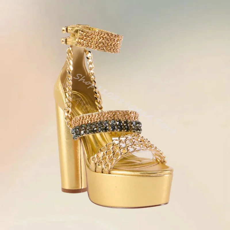 

Gold Chain Crystal Decor Open Toe Platform Sandals Buckle Strap Women Shoes Chunky High Heels New Party 2024 Zapatos Para Mujere