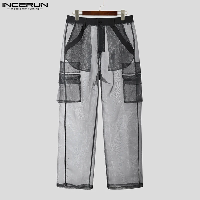 INCERUN 2025 سراويل رجالية شبكية متدرجة بجيوب كبيرة الحجم سراويل مستقيمة للرجال للركض ملابس الشارع الشهير سراويل طويلة عصرية للركض