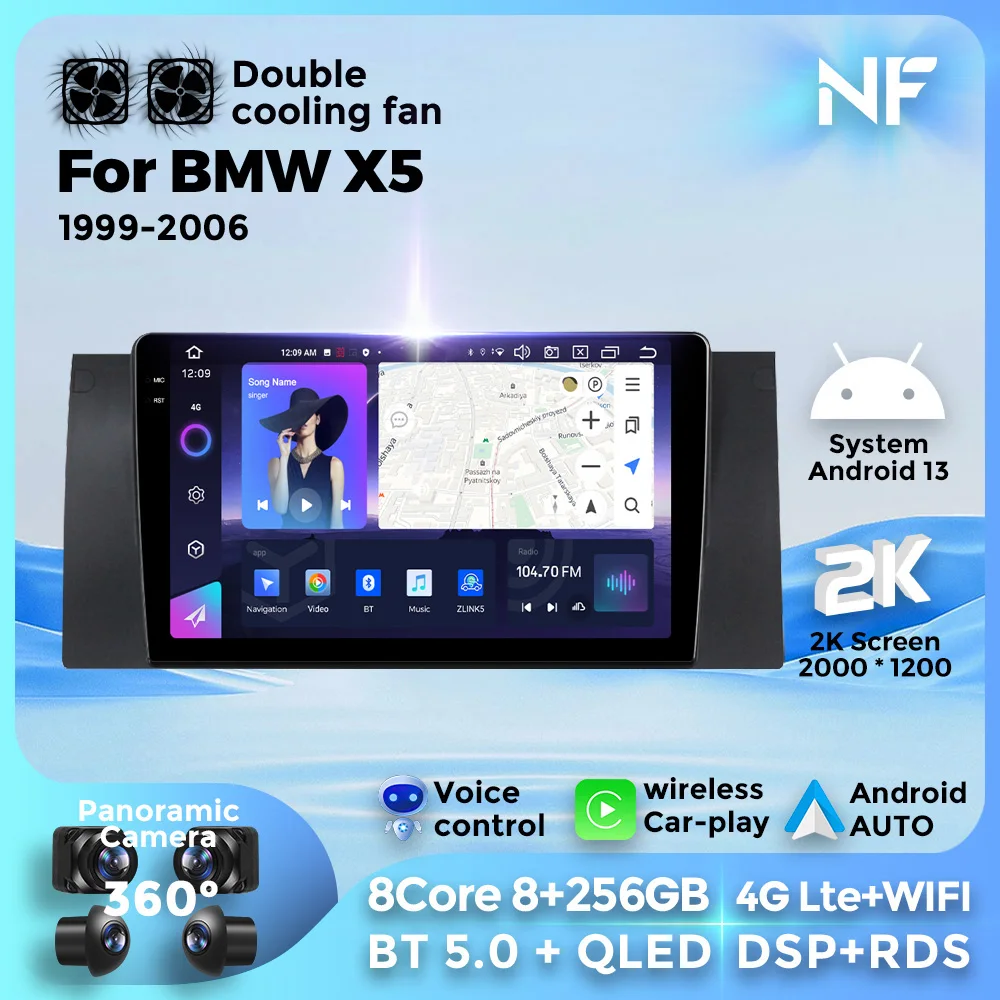 Navifly 2din android car radio 8 Core Head Unit car Multimedia GPS Stereo Player 2000*1200 Screen For BMW 5 E39 E53 X5 1995-2006