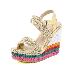 Platform Women Shoes Summer Gladiator Sandals Hemp Rainbow Wedge High Heel Shoes Women Custom Candy Color Weave Sandals WSH4564