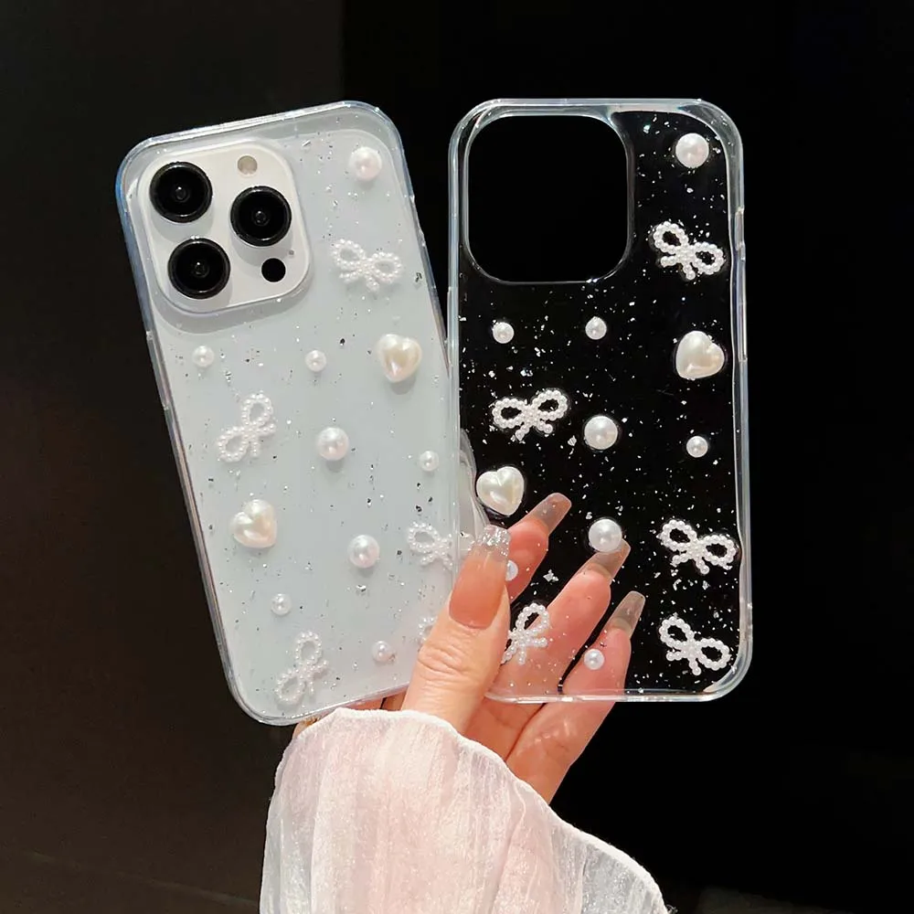 3D Epoxy Bead Butterfly Knot Case For iPhone 15 14 13 12 11 Pro Max  Plus Mini SE Clear Soft TPU Cover Skin