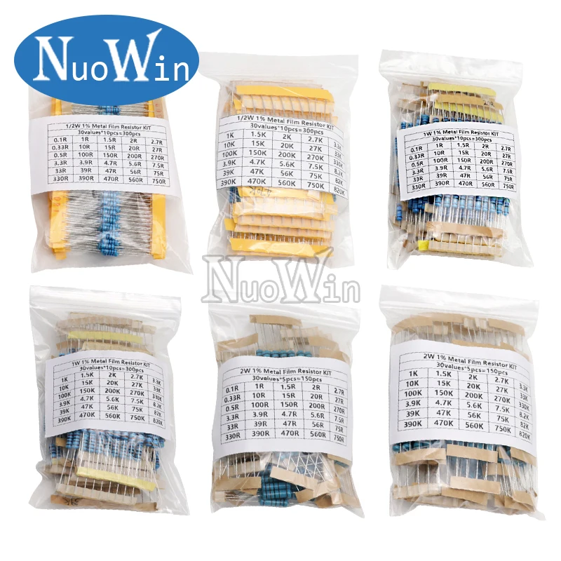 

150PCS 300PCS 1/2W 1W 2W 3W Resistance 1% Metal Film Resistor Assortment Kit Set 30values 1R~750R 1K~820K Ohm