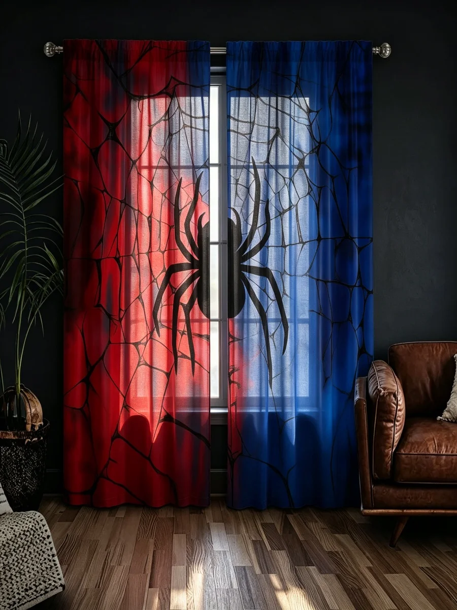 2PCS Red Blue Spider Web Print Curtains, Halloween Spider Cracked Background Pattern Window Drapes for Bedroom Living Room Decor
