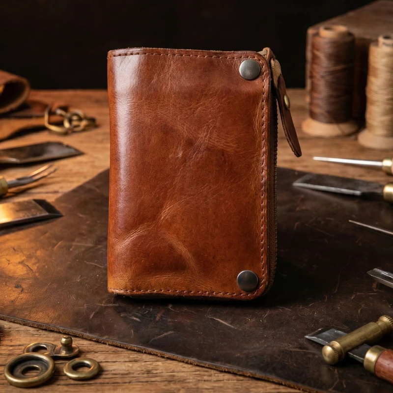 3-in-1 Leather Wallet for Men, Vintage Vegetable Tanned Card Holder Wallet with Zipper Coin Pocket, Multi-Functional Men Wallet