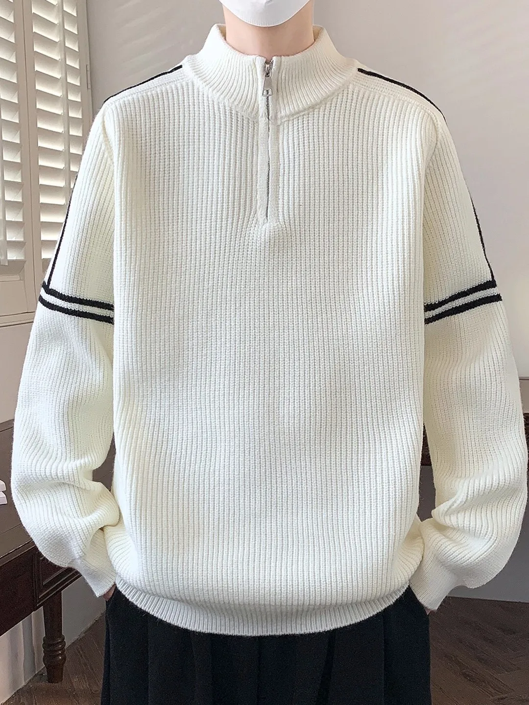 

Loose Men's Knitted Sweater f Zip up Collar Inner Wear Base irt Autumn Winter New Sle Casual Loose Fit M Model