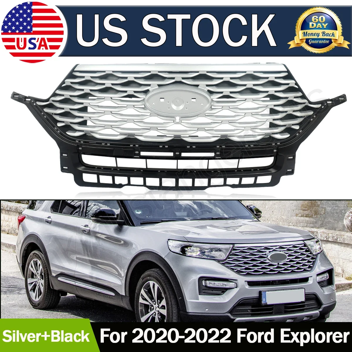 For  Ford Explorer Silver Front Bumper Grille Upper Grill Radiator 2020 2021 2022