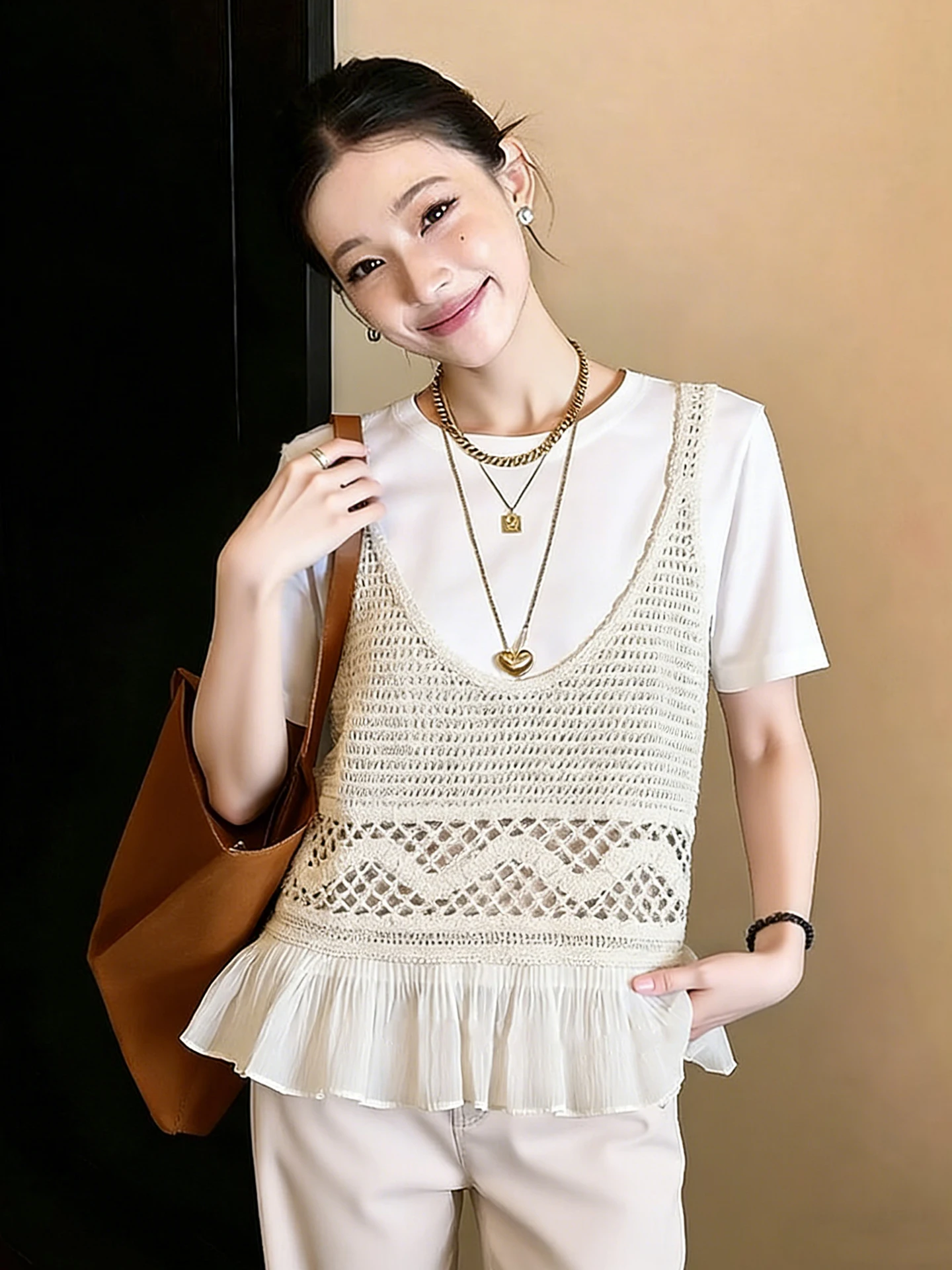 

Summer Knitted Vest Top Layering Casual Short Sleeve Two-Piece Set Age-Defying Soft Breeze Women's Fashion Korean Style Loose...