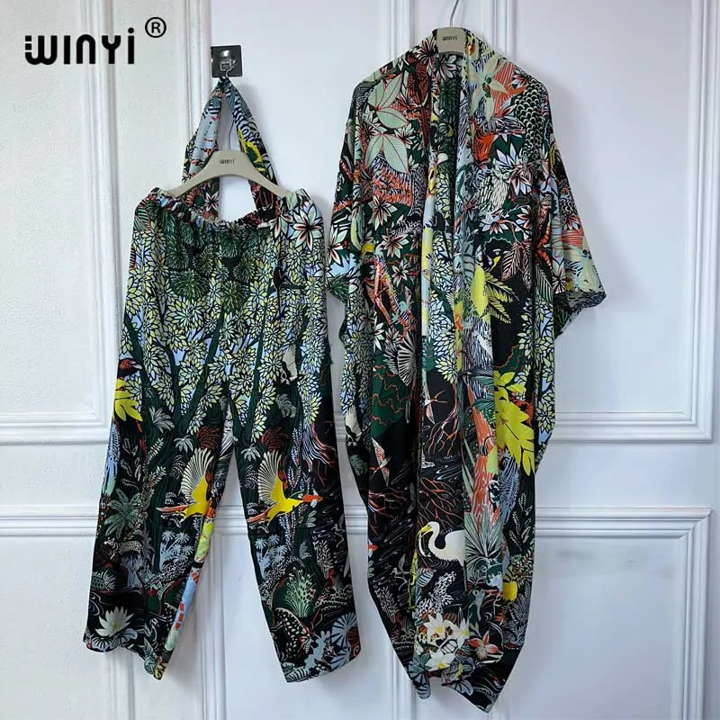 WINYI-Conjunto de 2 piezas de cárdigan largo y pantalón de pierna ancha para mujer, traje elegante con estampado de kimonos bohemios para verano