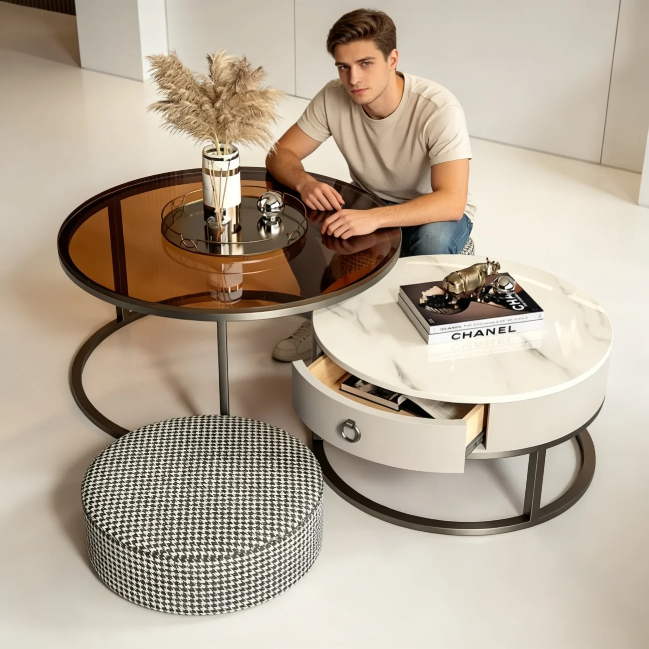 xx-Contemporary Glam Round Coffee Table Set with Glass Marble Top and Houndstooth Ottoman Stool for Coffee Table^