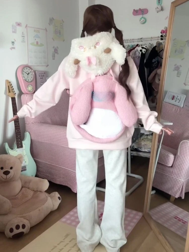 انمي ياباني Kawaii مقنعين سترة طويلة الأكمام المرأة عادية الحلو البلوز سستة لون نقي الكرتون طباعة 2025 الخريف #6