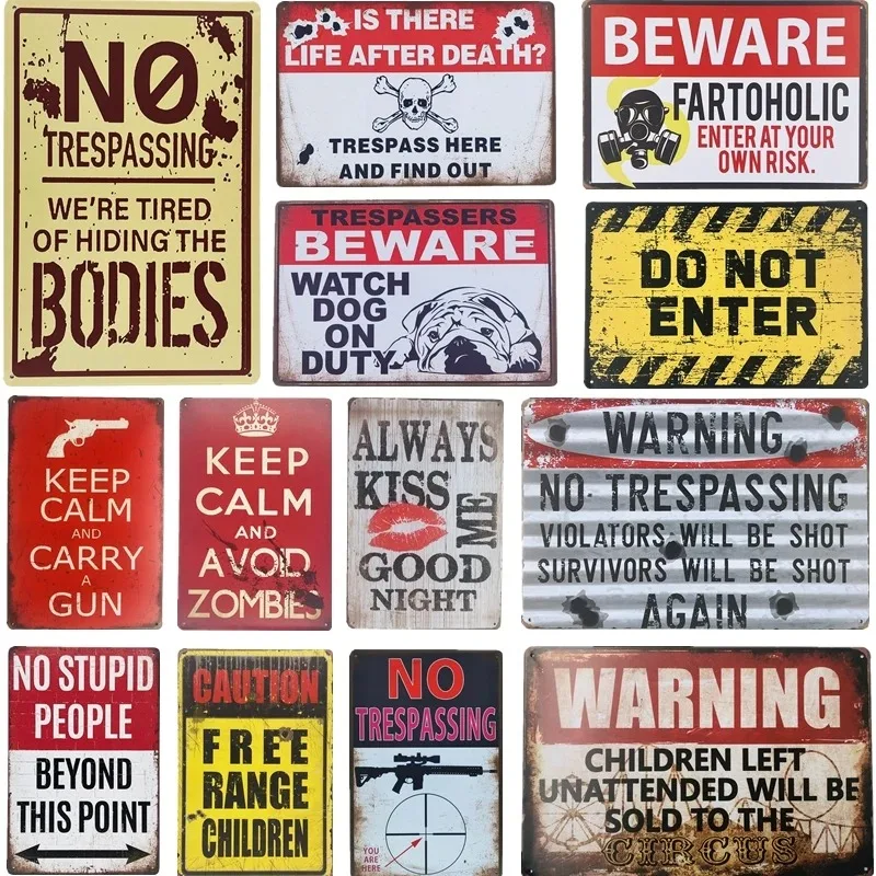 Vintage Shabby Chic Metal Tin Signs Decor Warning No Trespassing Bodies Garage Danger Posters Plaque Stickers Wall Decor