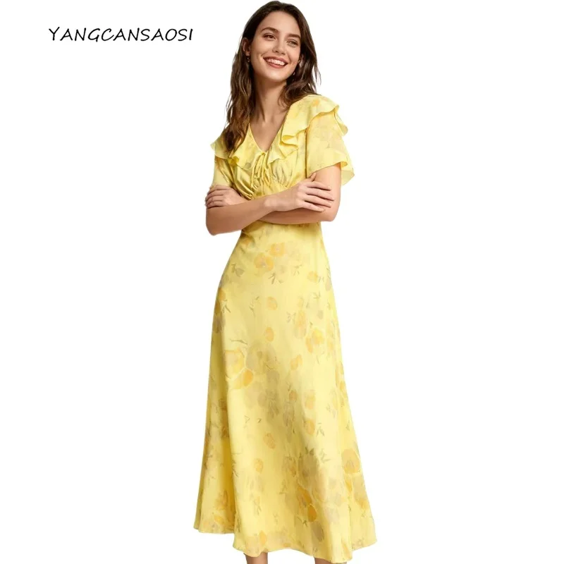 

2025 Women's Fashion Summer New 100% Natural Mulberry Silk Crepe De Chine French Doll Neck Short Sleeve Casual Dress