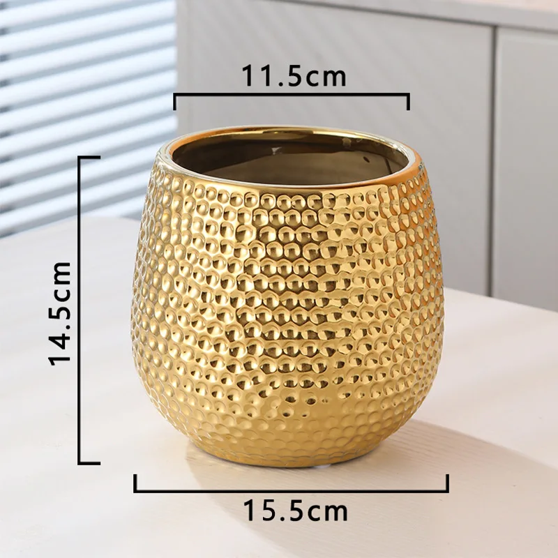Gold Plating Ceramic Vase Crafts Relief Cylinder Flower Bottle Plant Container Office Flower Planter Pot High Sense Table Decor