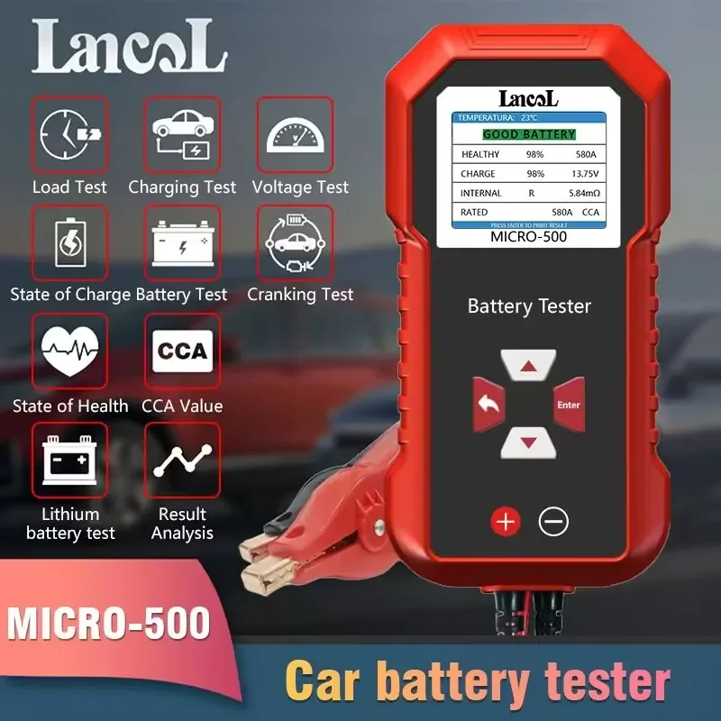 Lancol-probador de batería de coche Micro 500, Analizador de batería de plomo y ácido, pantalla LED con código QR, 40-3000 CCA, 12V