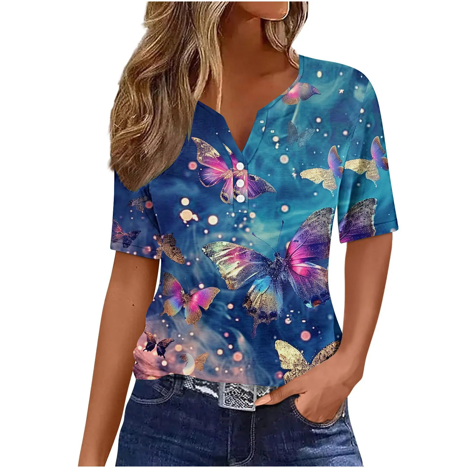 

Butterfly print short sleeved T-shirt design sense top 2024 new women's summer slim fit chic western-style WG19